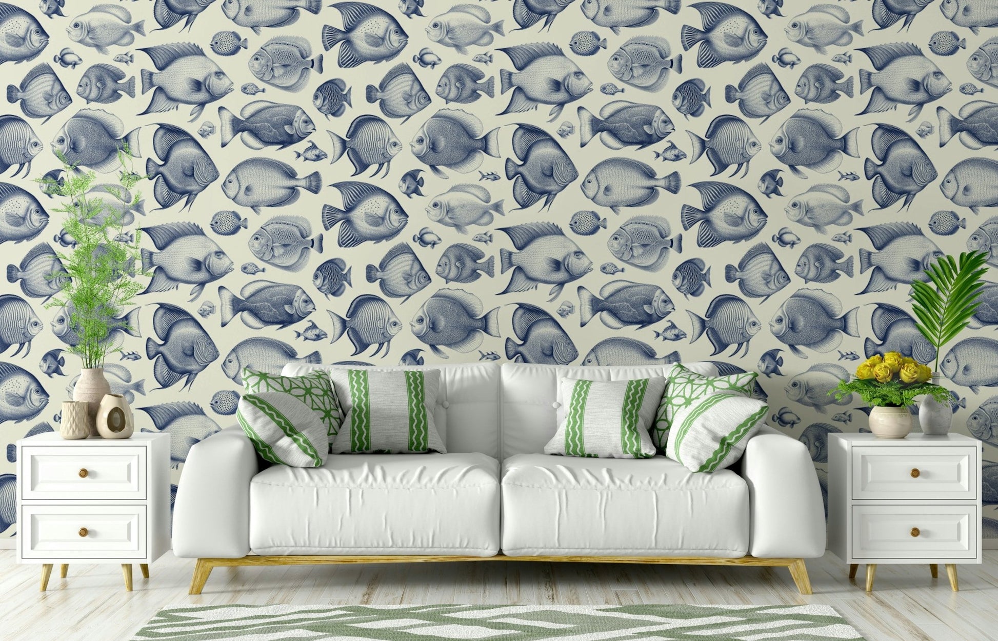 Dense school of fish pattern in Delft blue color tones

