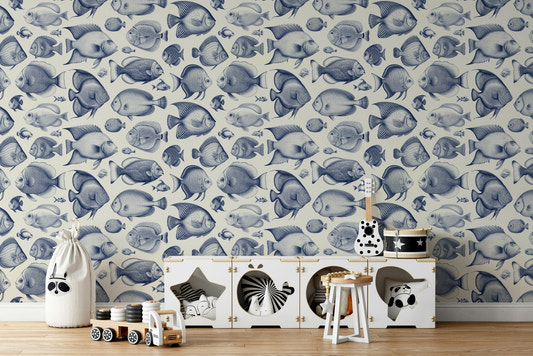 Exotic fish drawn in Delft blue over soft cream backdrop

