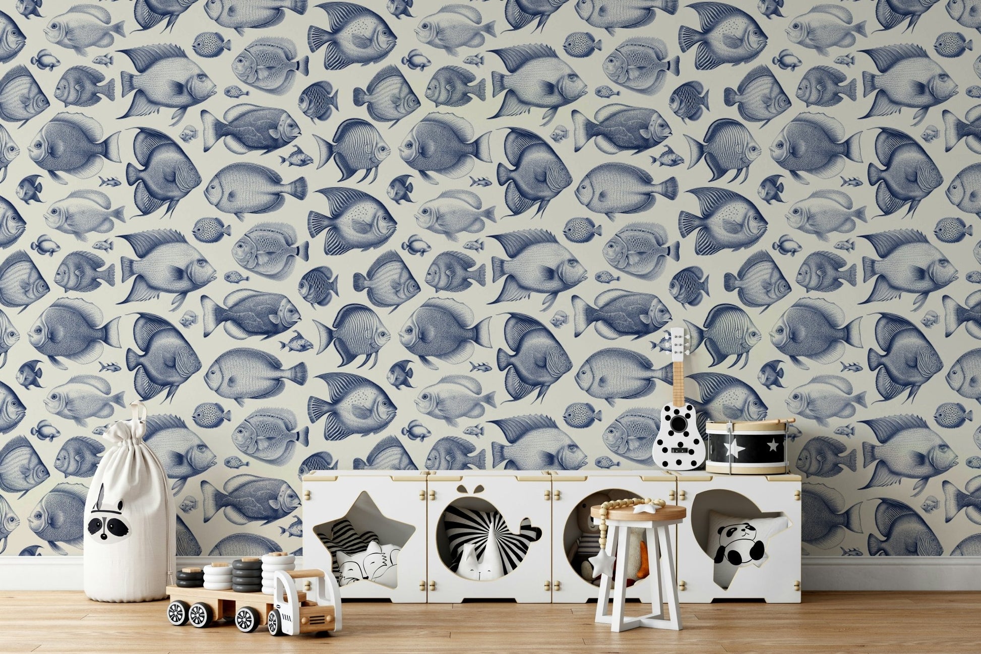 Exotic fish drawn in Delft blue over soft cream backdrop

