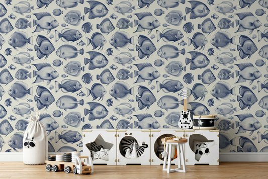 Exotic fish drawn in Delft blue over soft cream backdrop

