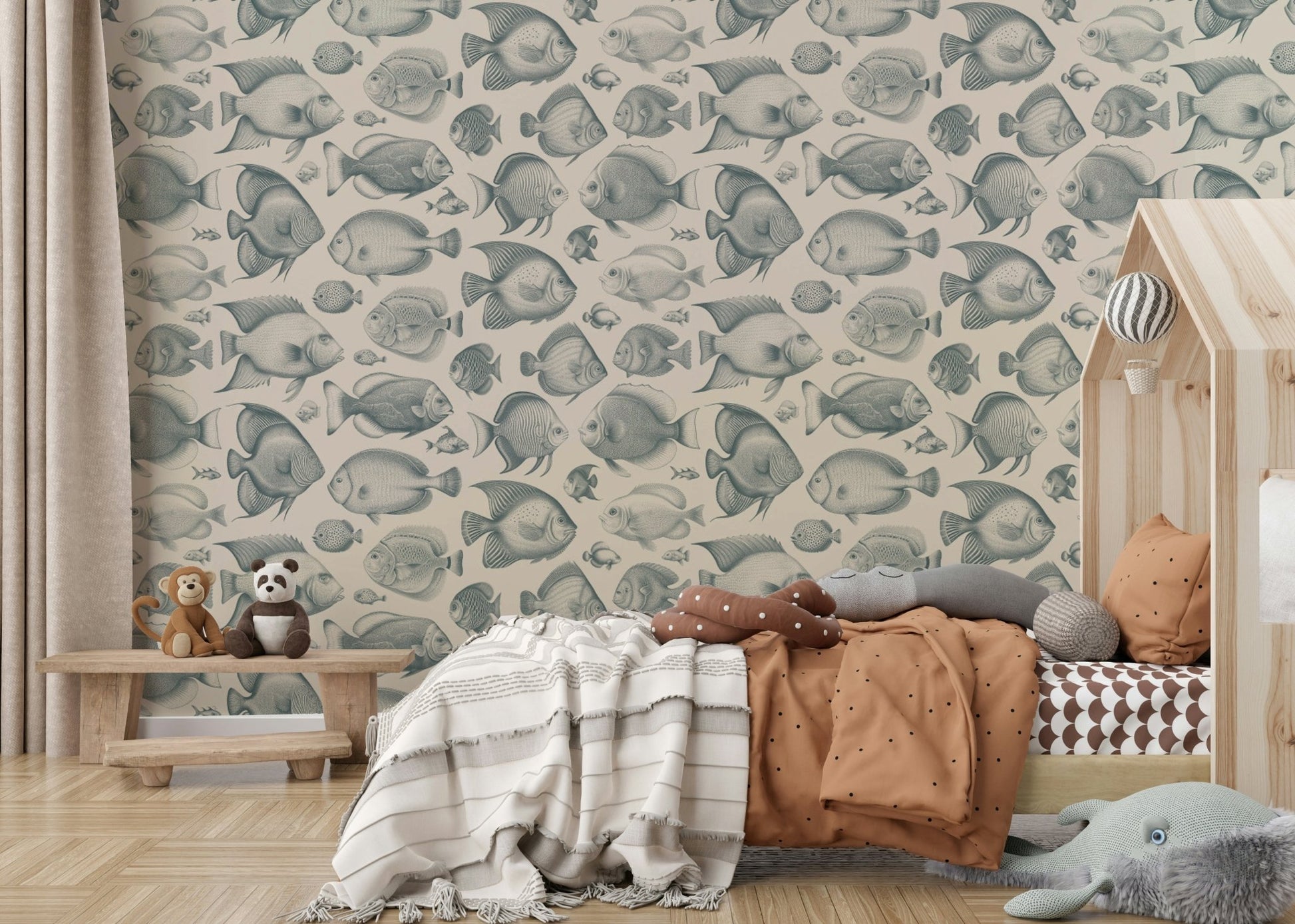 Fantasy‑style fish wallpaper on sand beige background

