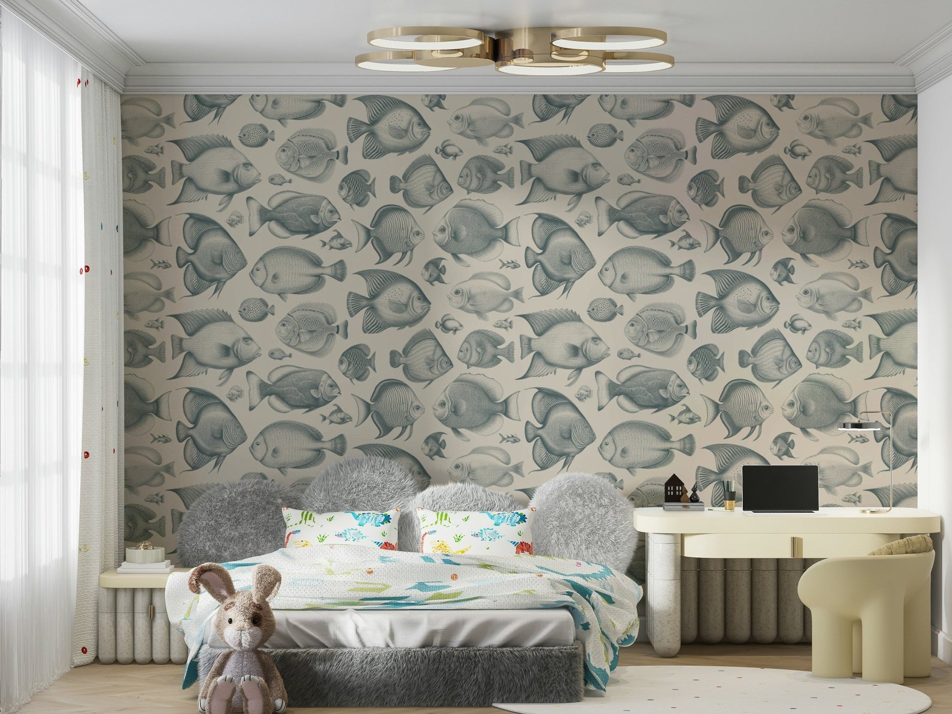 Teal fish species swimming on sandy toned wallpaper mural

