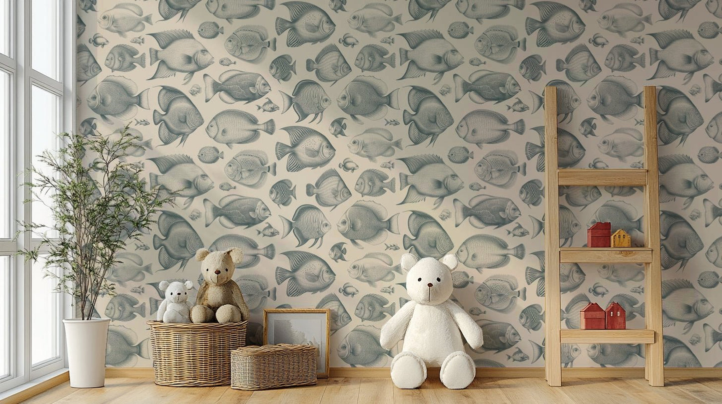 Children’s room wall covered in fish illustration wallpaper

