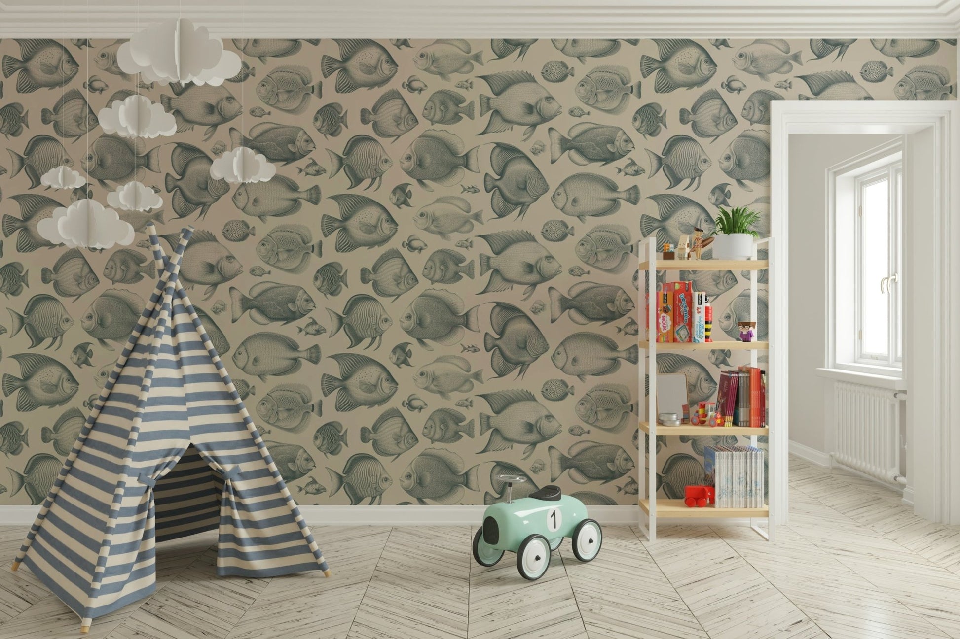 Teal and sand wallpaper with illustrated tropical fish

