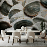 Artistic stone wall mural creating a sophisticated, architectural look.