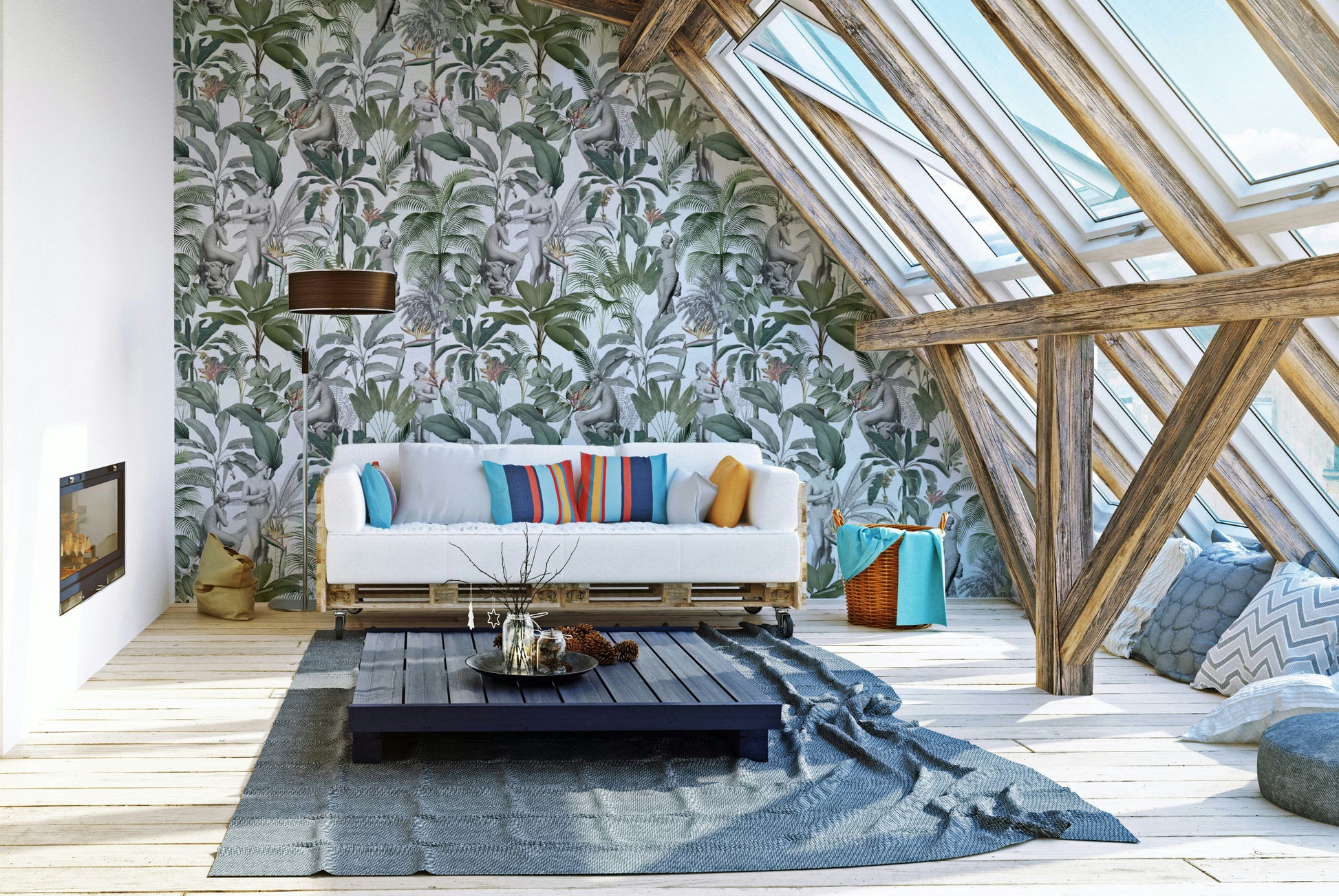 Contemporary wallpaper featuring sculptural palm leaves and exotic blooms


