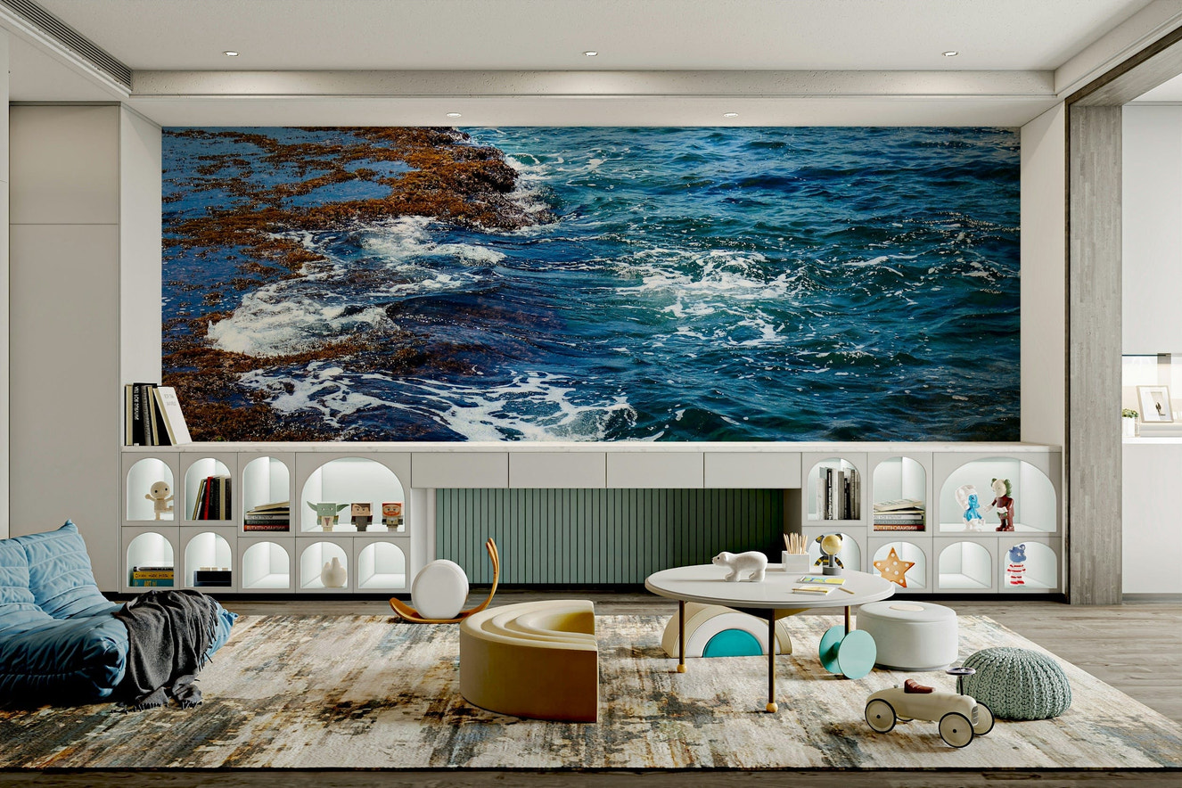 A beautiful serene beach wallpaper mural with subtle light.

