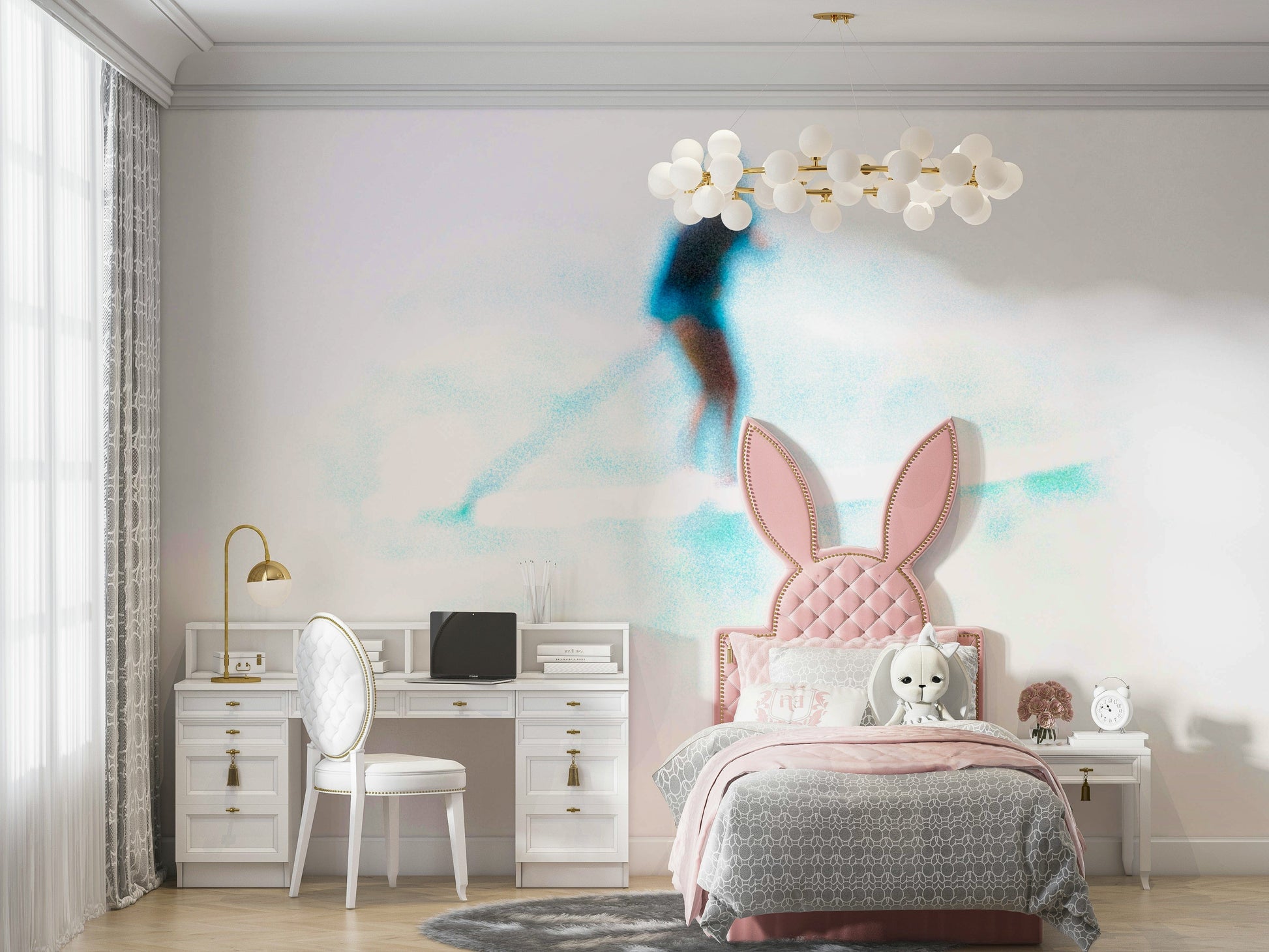A peaceful coastal scene mural on decorative wallpaper.

