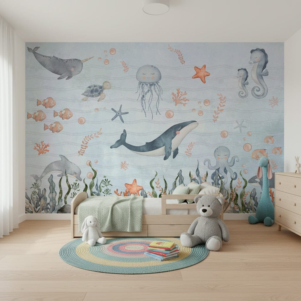 Playful sea life wall mural for nursery reading corner, muted blues, modern wall decor
