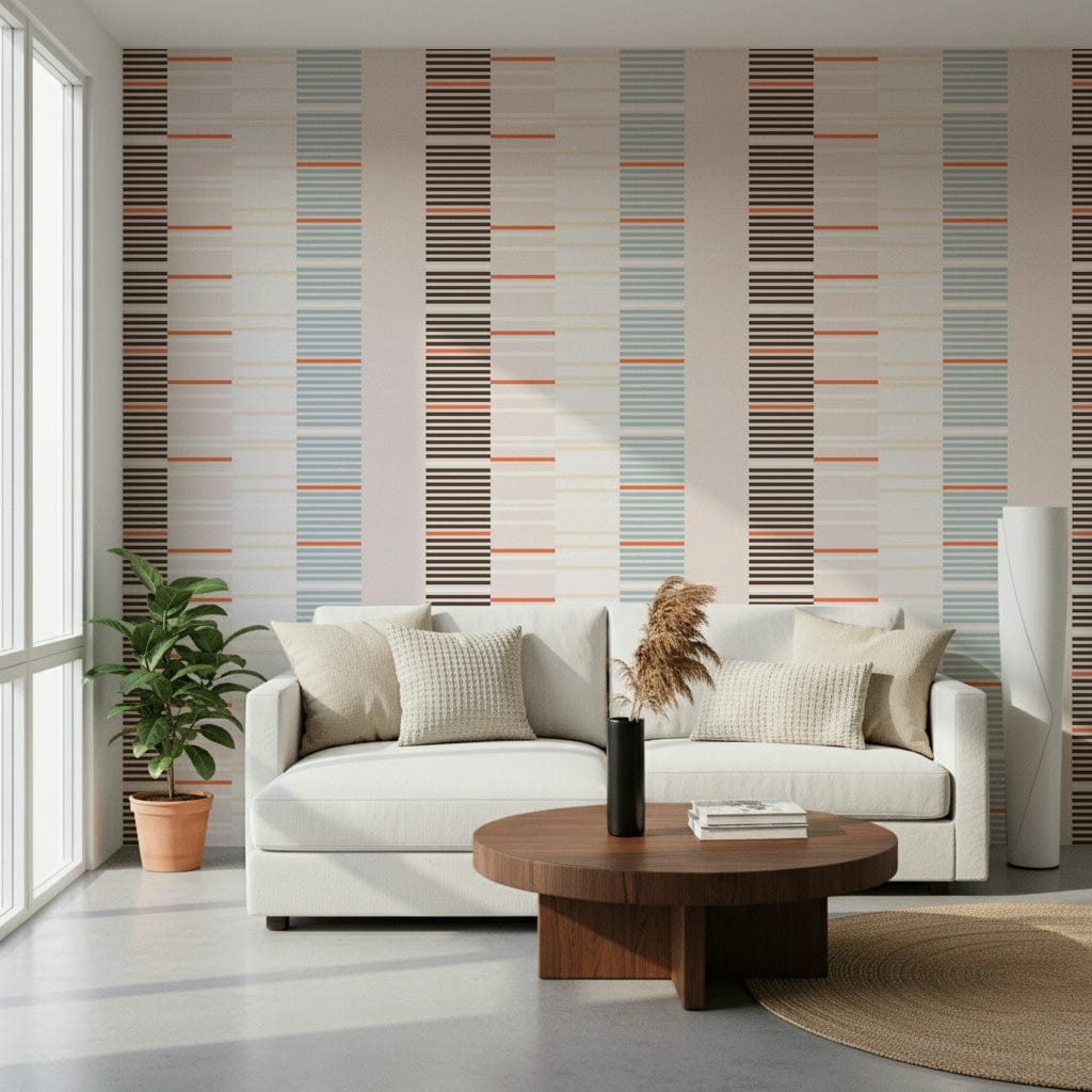 Sea Drift wallpaper striped in blush and blue behind a curved white sofa and round wooden coffee table