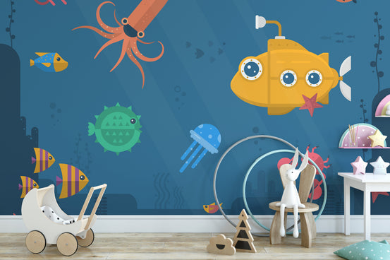 Colorful sea creatures with a yellow submarine mural
