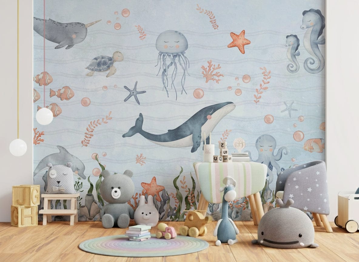 Underwater sea friends nursery wall mural in soft blue, crib room, modern wall decor