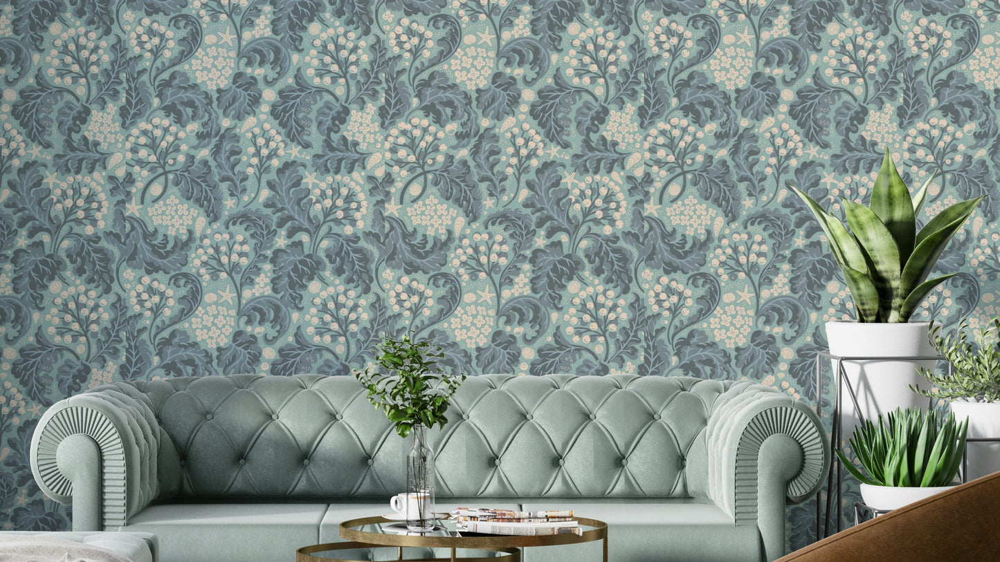 Aquatic turquoise wallpaper with sea kale print

