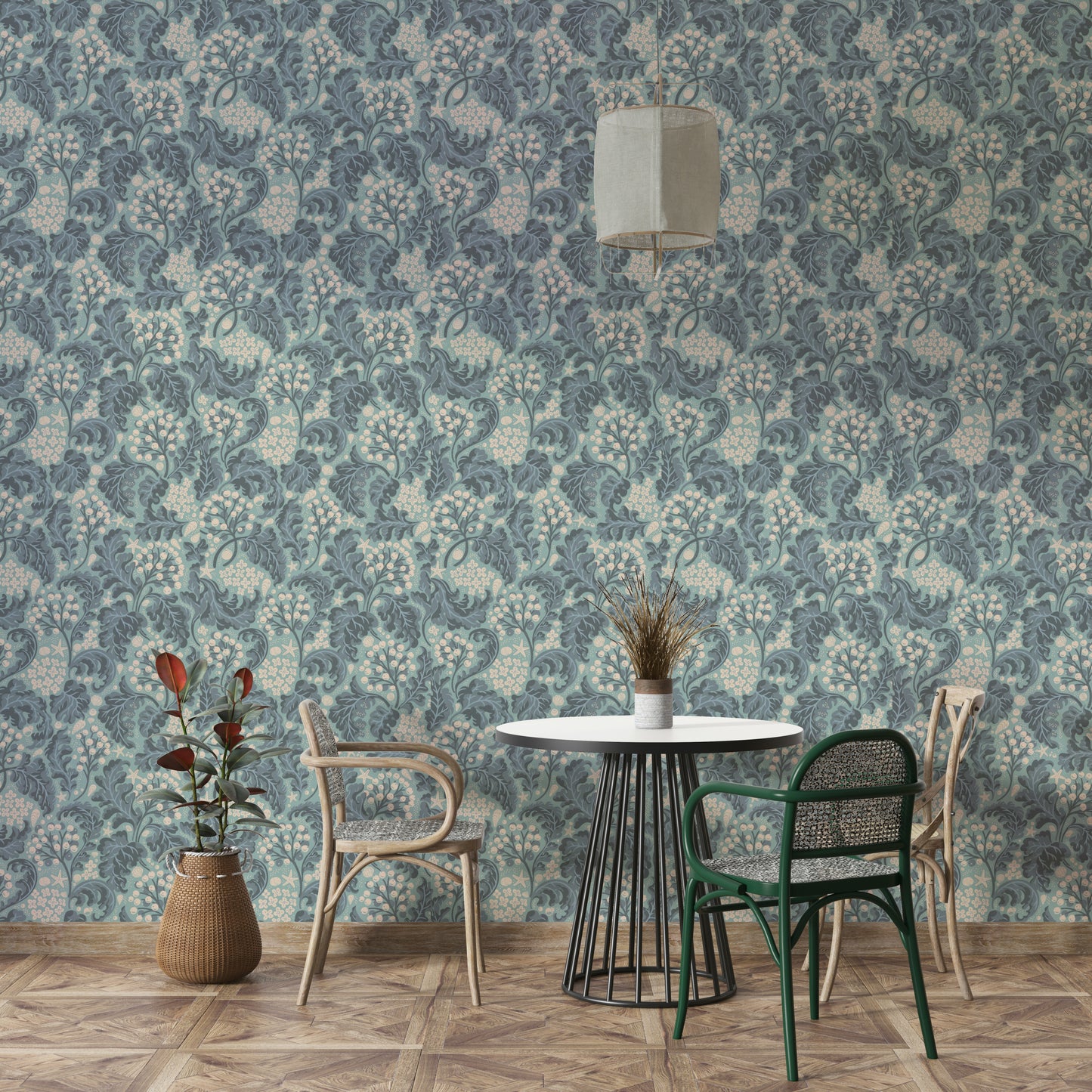Bold turquoise wallpaper with sea kale motif

