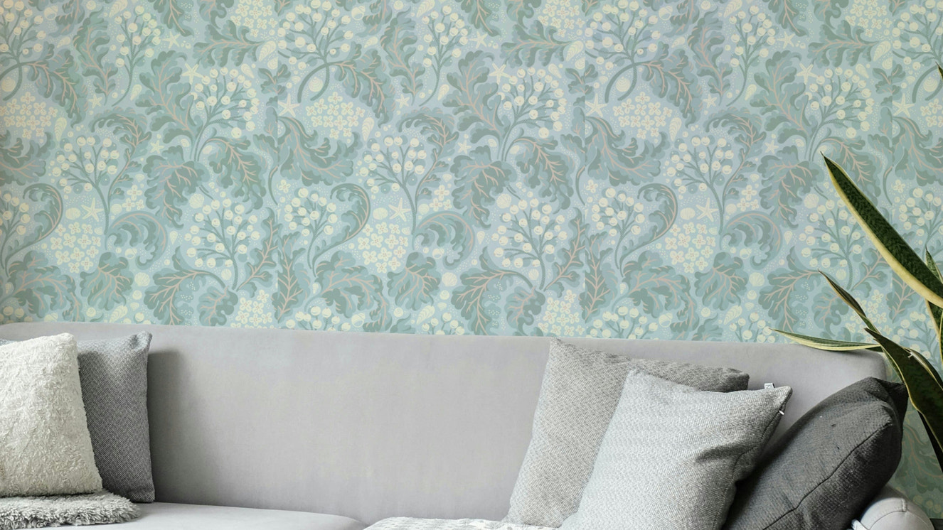 Baby blue wallpaper with sea kale botanical print

