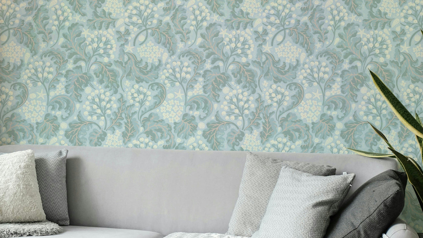 Baby blue wallpaper with sea kale botanical print

