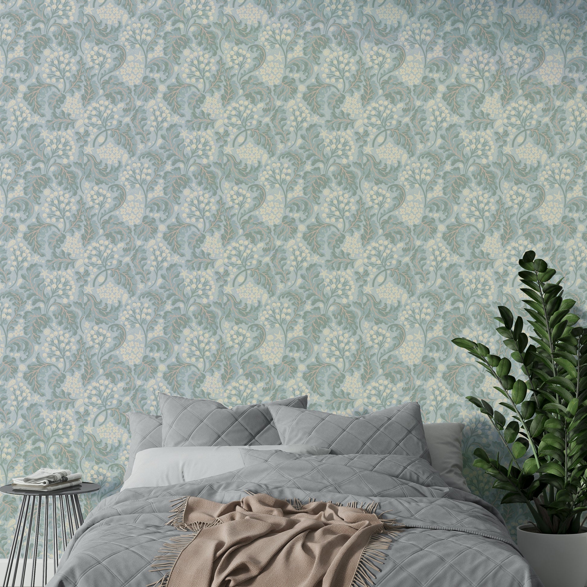 Baby blue wallpaper with flowing plant pattern

