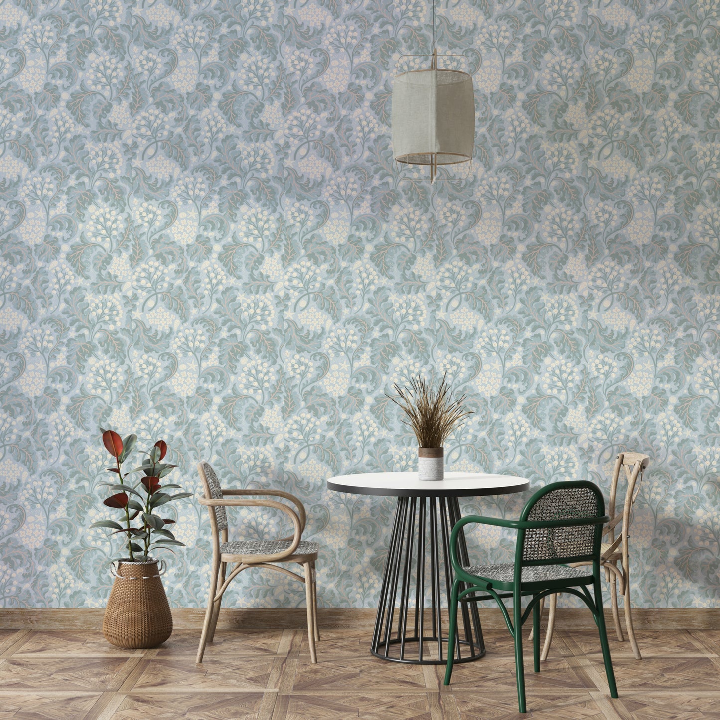 Soft blue sea kale wallpaper for calming interiors

