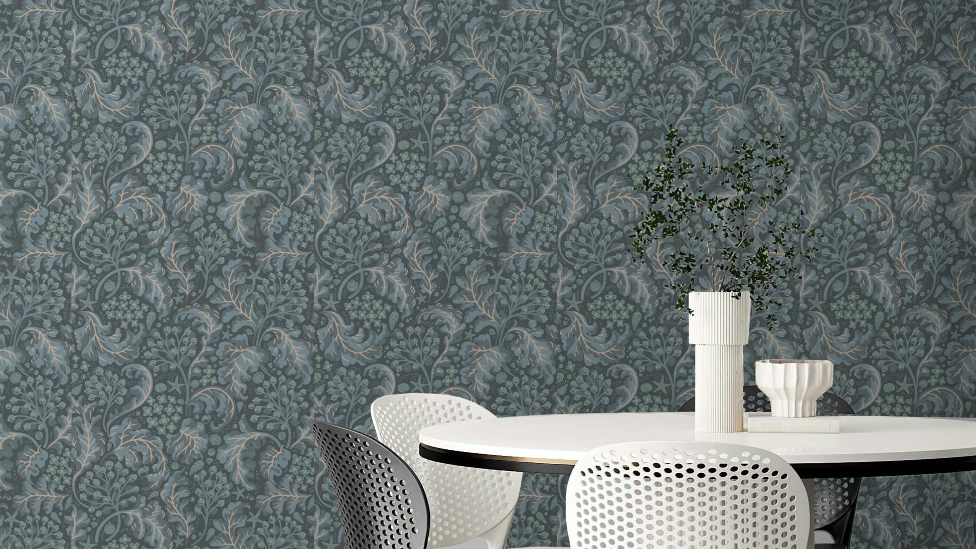Deep blue wallpaper with sea kale botanical design

