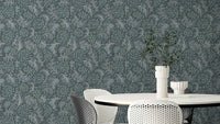 Deep blue wallpaper with sea kale botanical design

