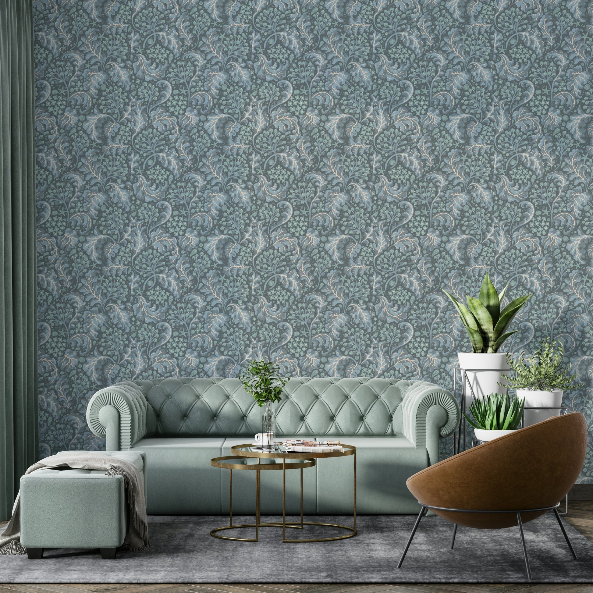 Ocean-inspired wallpaper with flowing sea kale leaves


