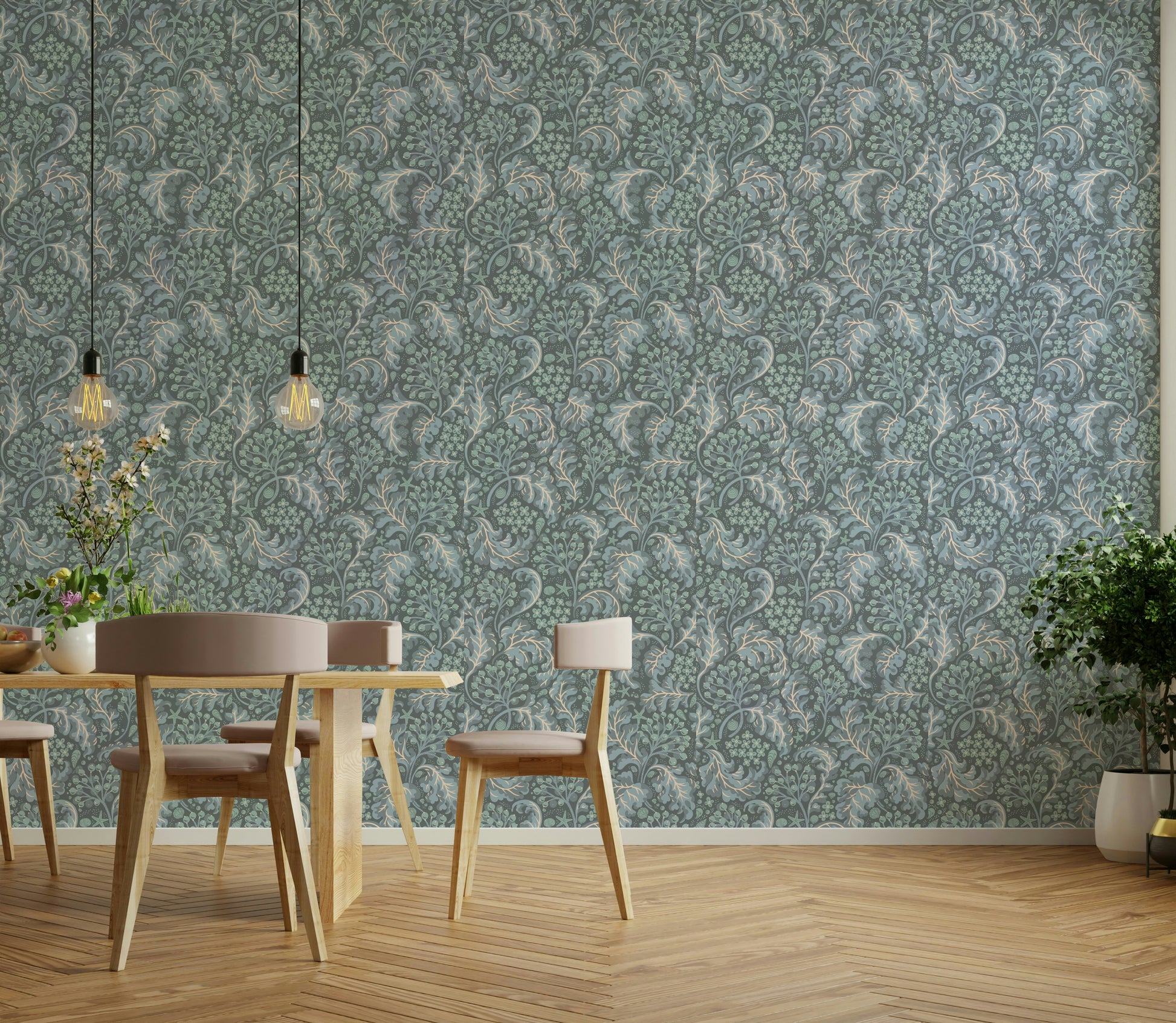 Botanical wallpaper in deep blue hues

