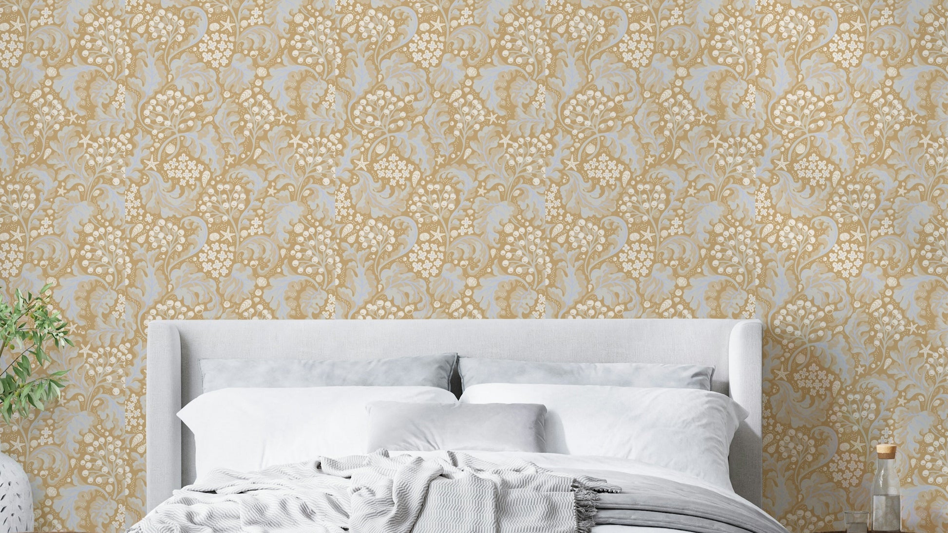 Sea kale wallpaper in warm ochre yellow tones

