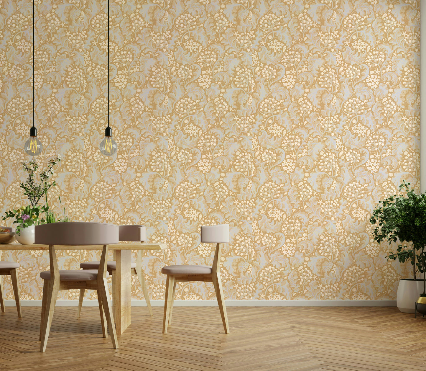 Warm ochre wallpaper with leafy sea kale print

