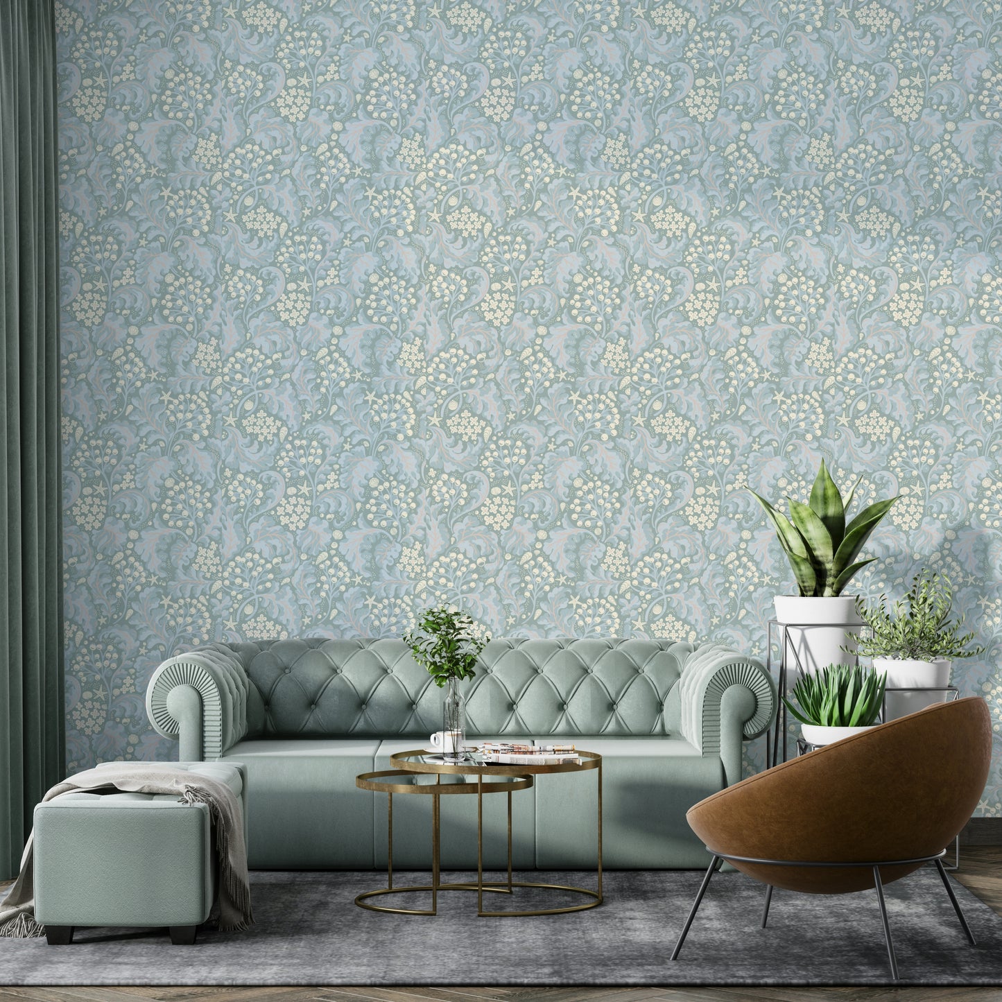 Botanical wallpaper with pearlescent finish

