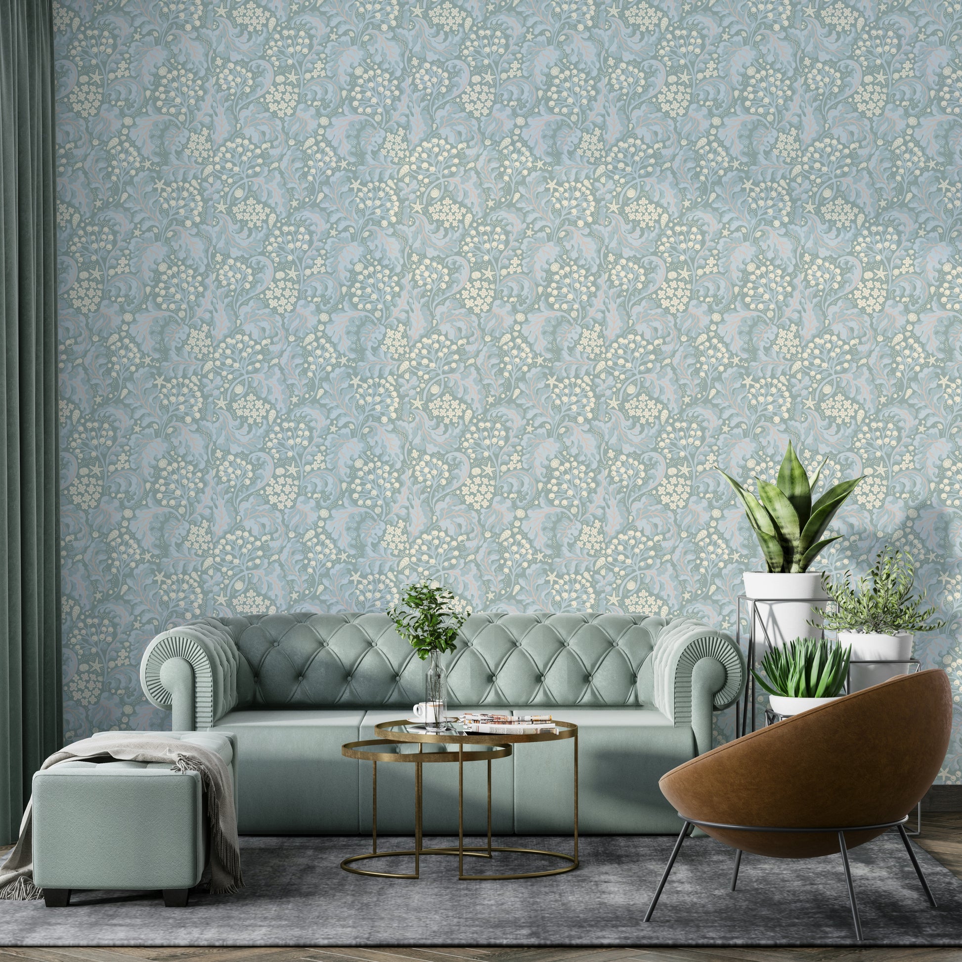 Botanical wallpaper with pearlescent finish

