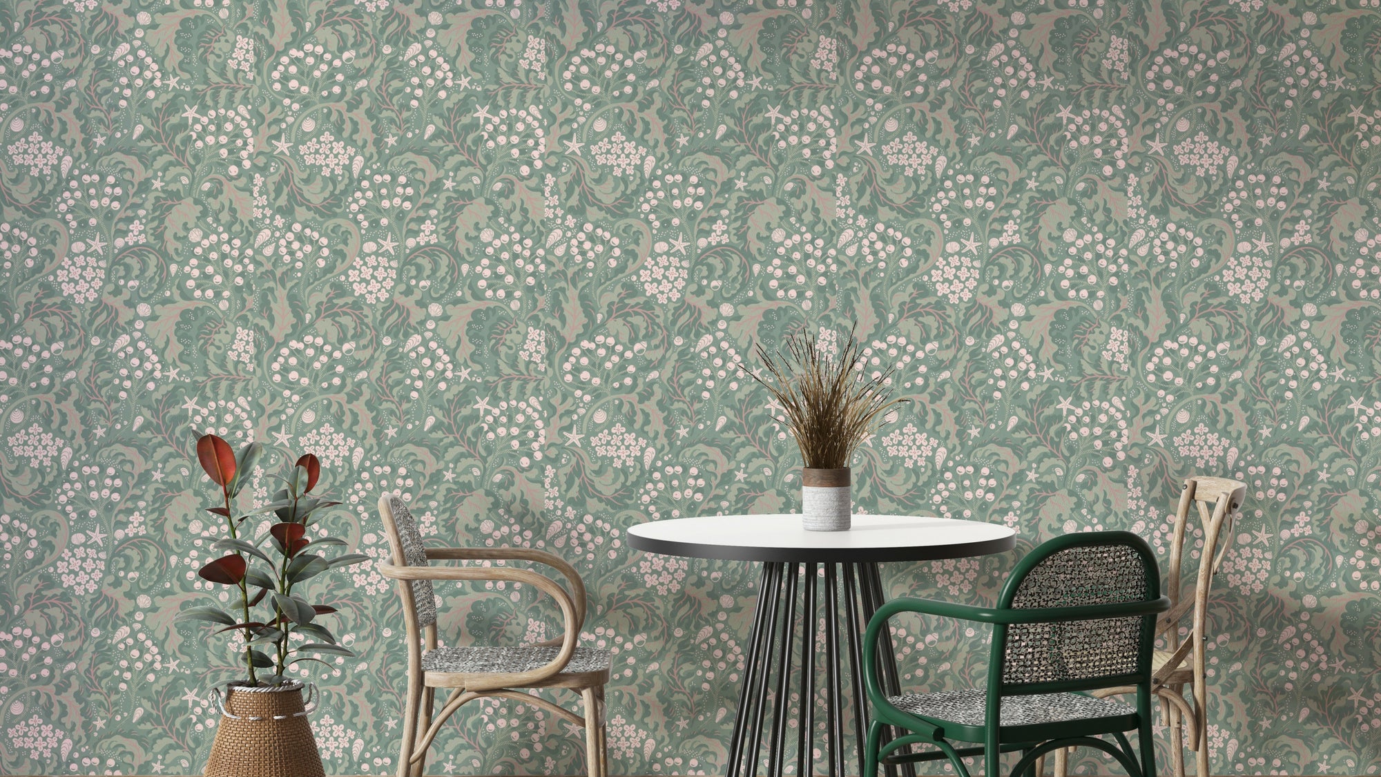 Sea kale botanical wallpaper in rhubarb green

