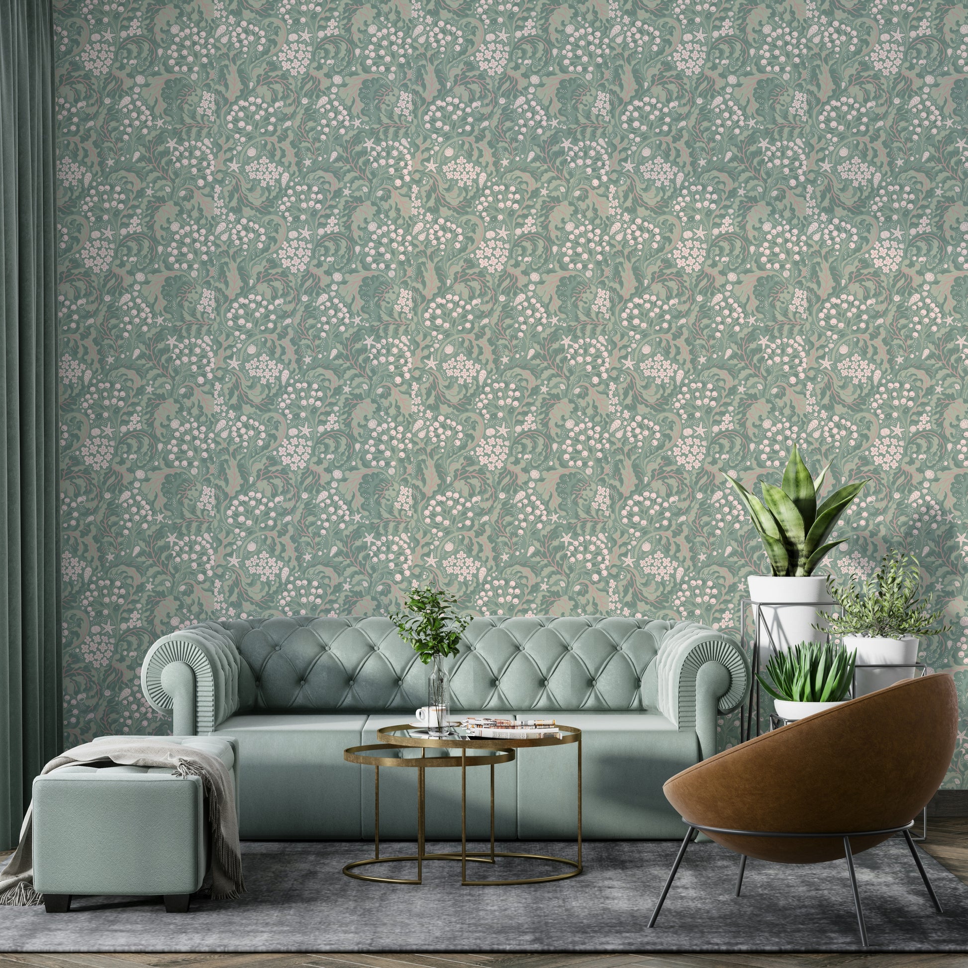 Textured wallpaper with sea kale botanical motif

