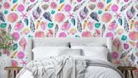 Sea Shells Coastal Summer Pink Wallpaper with hand-drawn shell design.

