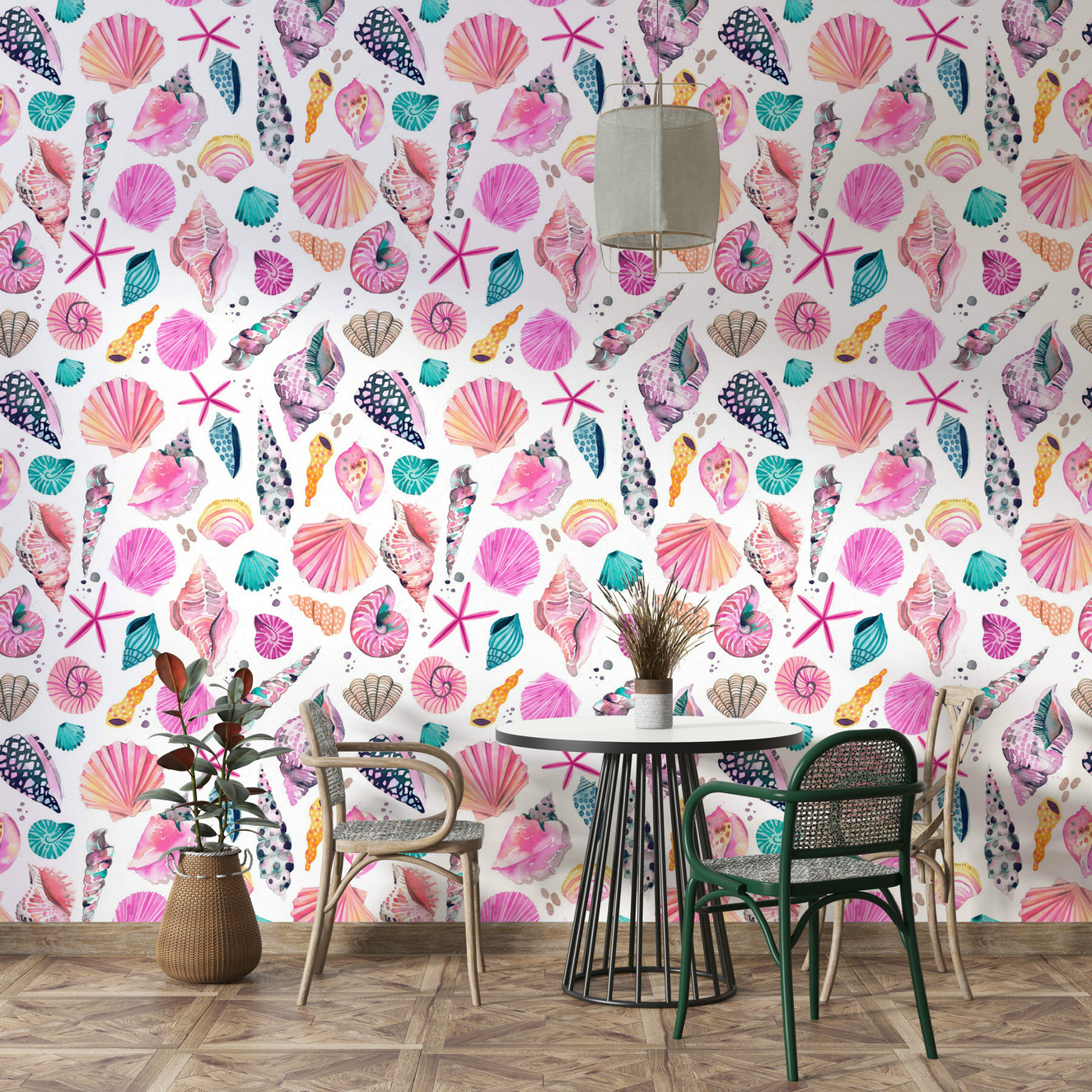 Beach-themed wallpaper with pink shells and ocean-inspired feel.

