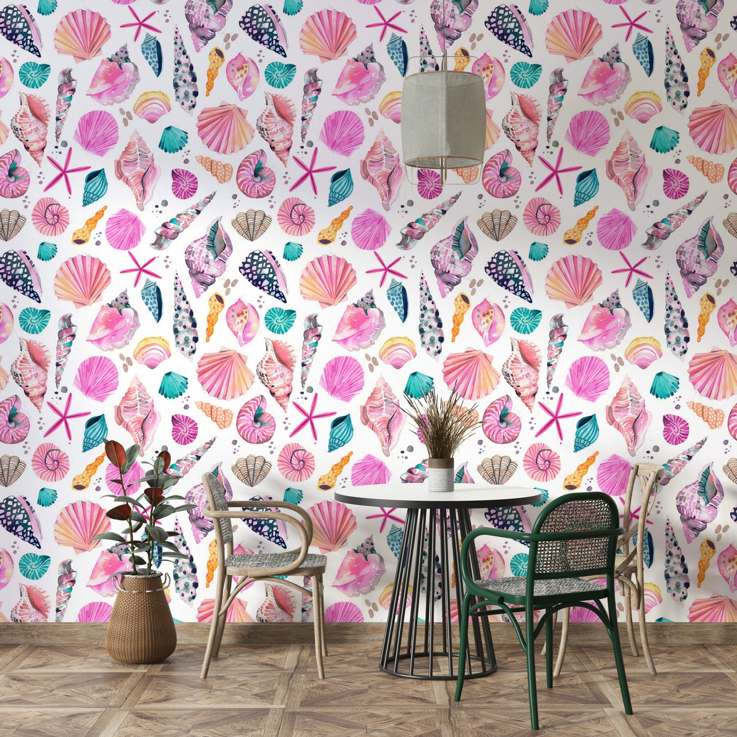 Beach-themed wallpaper with pink shells and ocean-inspired feel.

