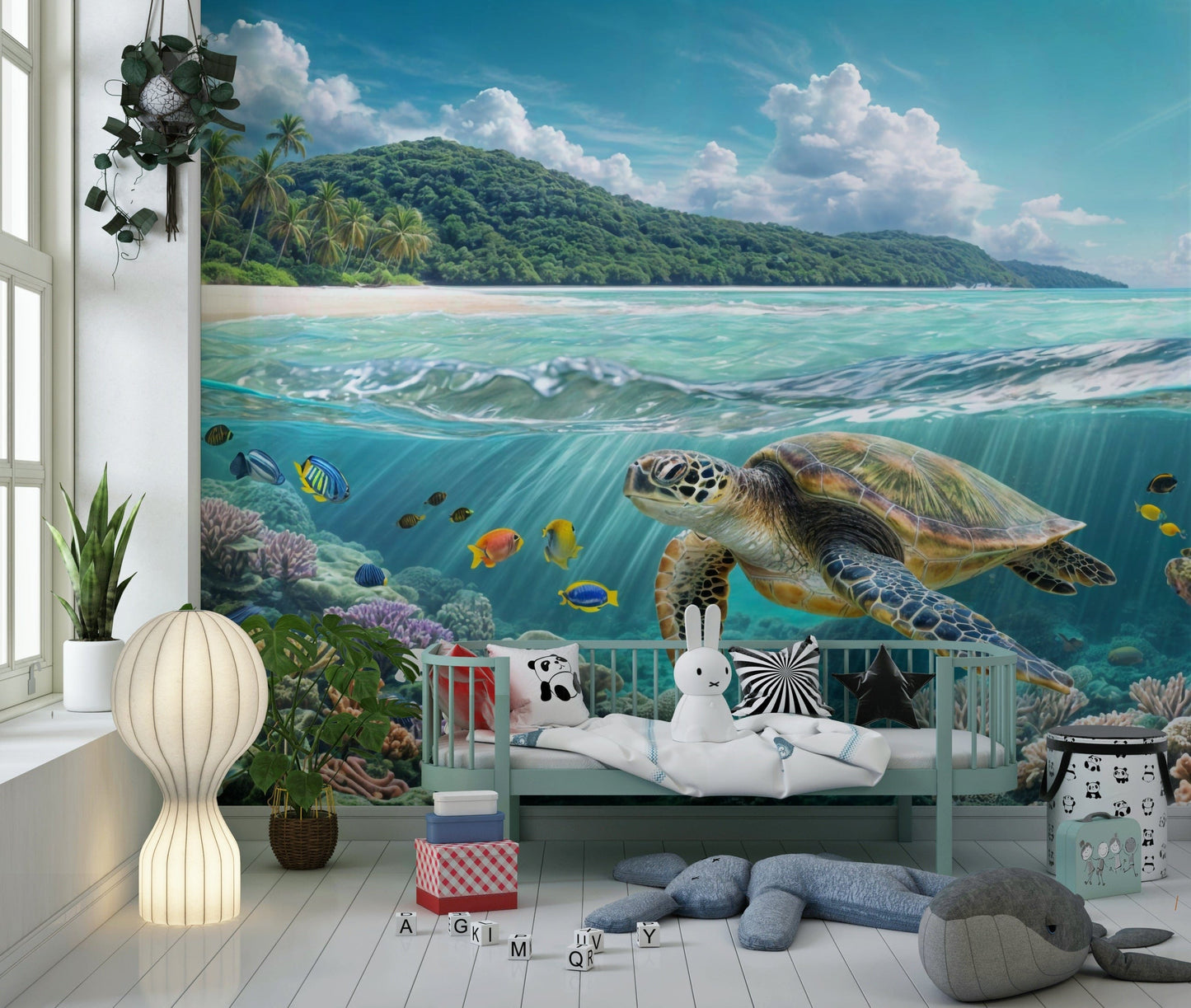 Underwater sea turtle mural behind bed, modern bedroom styling, calm blues