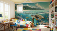 Tropical underwater turtle mural in lounge, aqua tones, feature wall backdrop