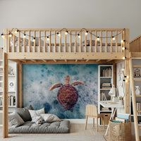 Relaxing sea turtle wall mural creating a tranquil, oceanic decor statement.