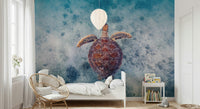 Calm ocean wall mural with swimming sea turtles for a serene, coastal atmosphere.