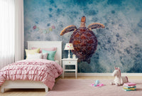 Tranquil sea turtle wall covering with soft blue and turquoise tones.