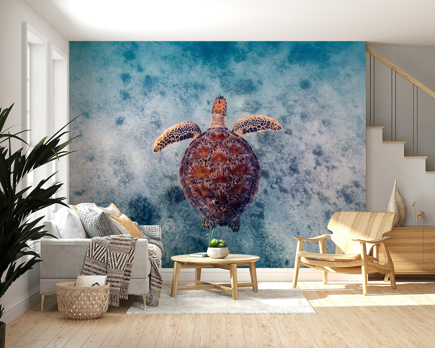 Ocean-themed mural with serene sea turtles gliding underwater for peaceful interiors.