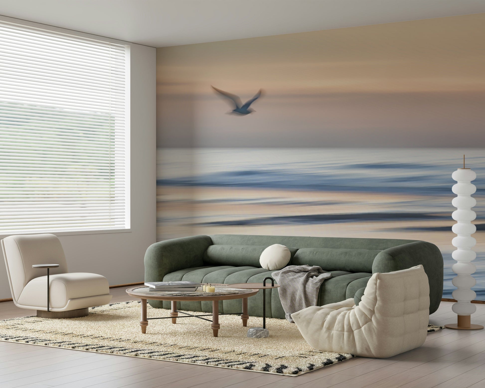 Seagulls over sea horizon mural in home office, modern desk, clean coastal wall decor
