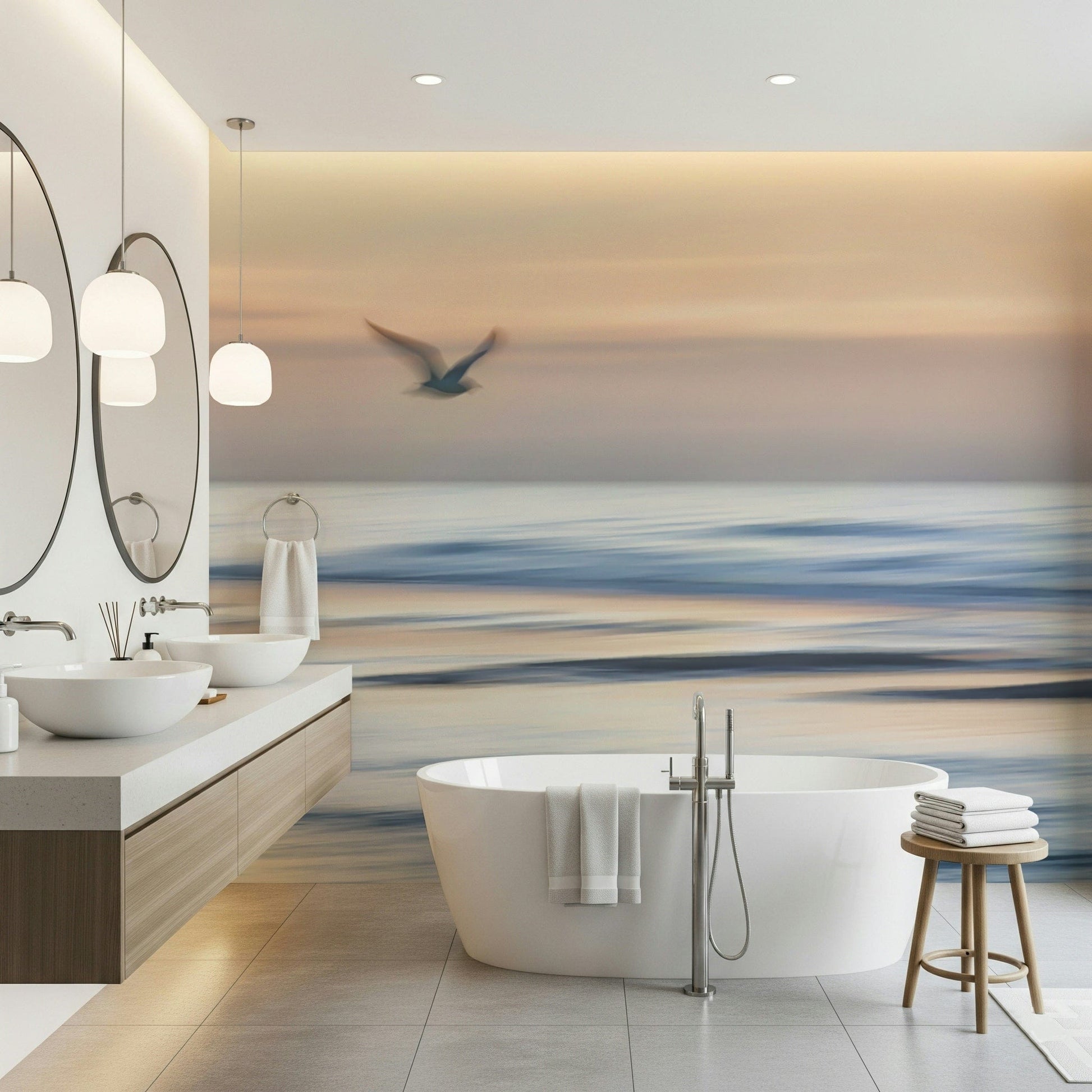 Wide seagull ocean mural in modern apartment lounge, airy horizon, soft blues and whites