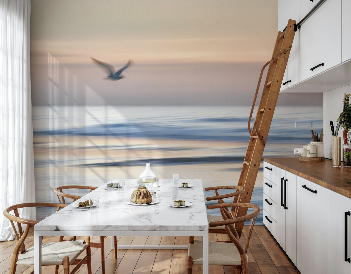 Ocean sky with seagulls wall mural in dining area, modern coastal decor, soft light tones