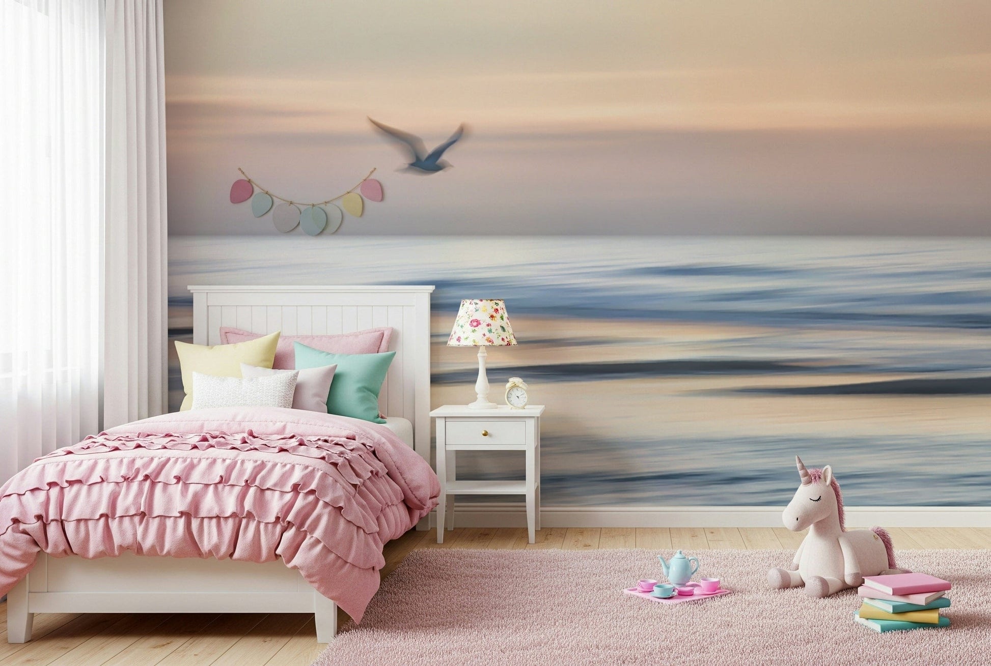 Seagull's Flight Wall Mural behind sofa, coastal apartment wall decor, airy sky scene