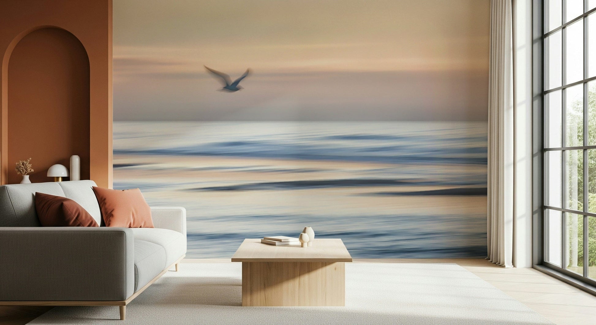 Seagulls in sky wallpaper for bedroom feature wall, minimal decor, coastal color scheme