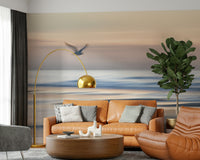 Seagull flight mural for hallway, open sky and sea scene, modern wall decor in cool colors