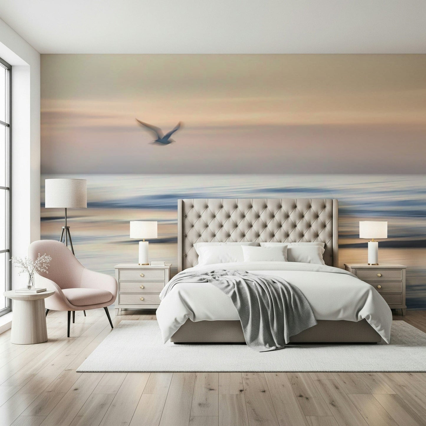 Seagull's Flight Wall Mural in reading nook, light wood furniture, calm coastal styling