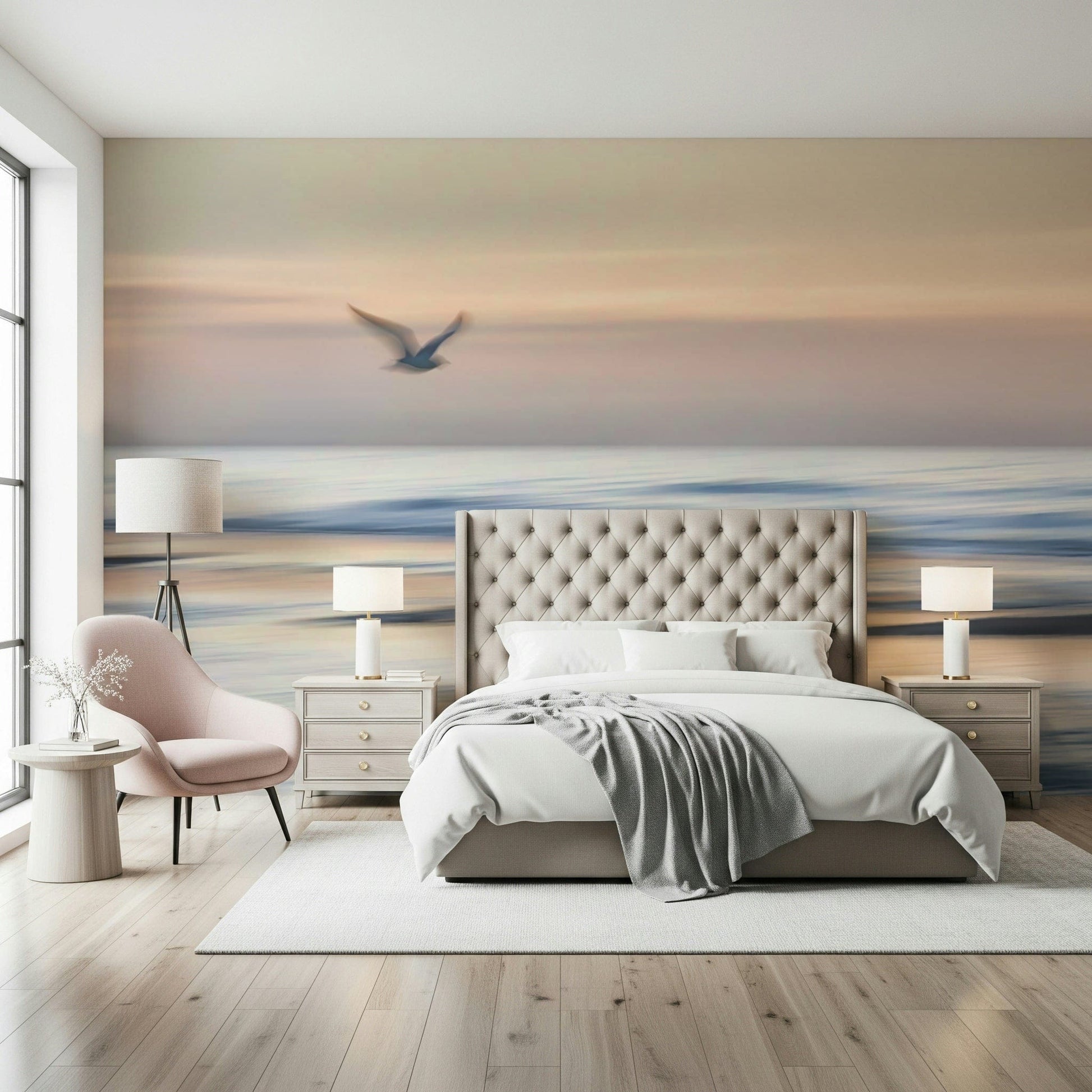 Seagull's Flight Wall Mural in reading nook, light wood furniture, calm coastal styling