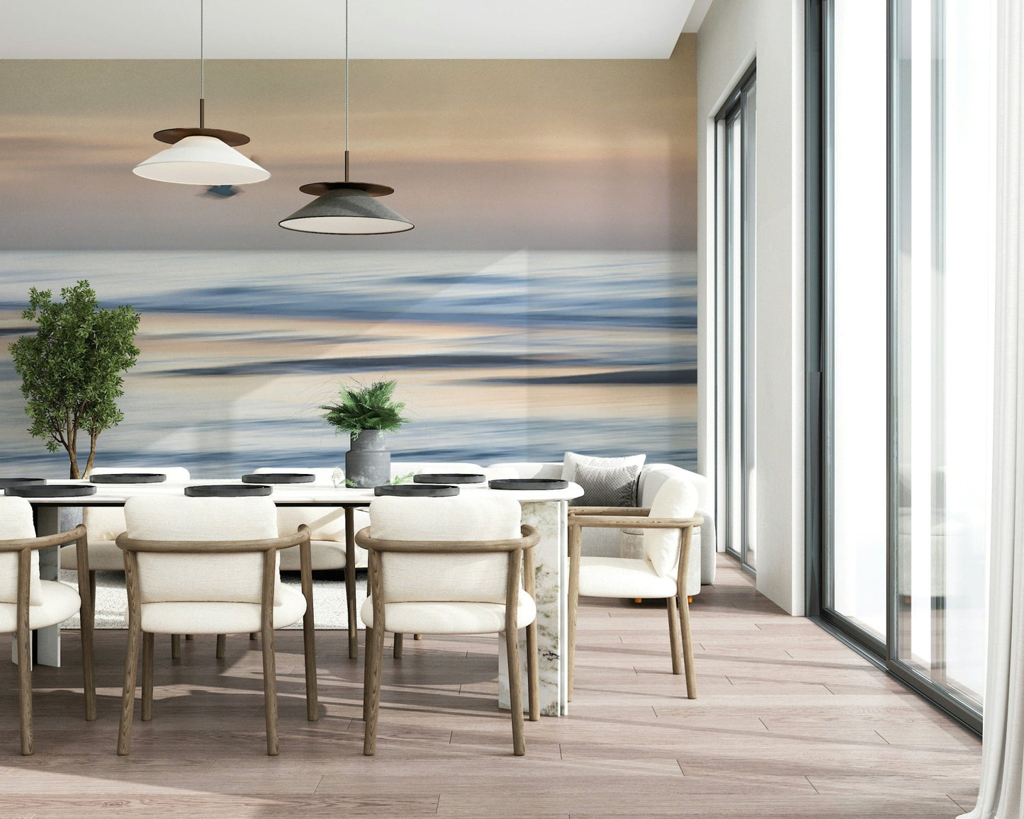 Scenic seagull wall mural in workspace, matte-look finish, modern coastal wall decor